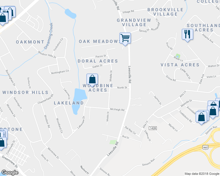 map of restaurants, bars, coffee shops, grocery stores, and more near 632 Middle Street in Lynchburg