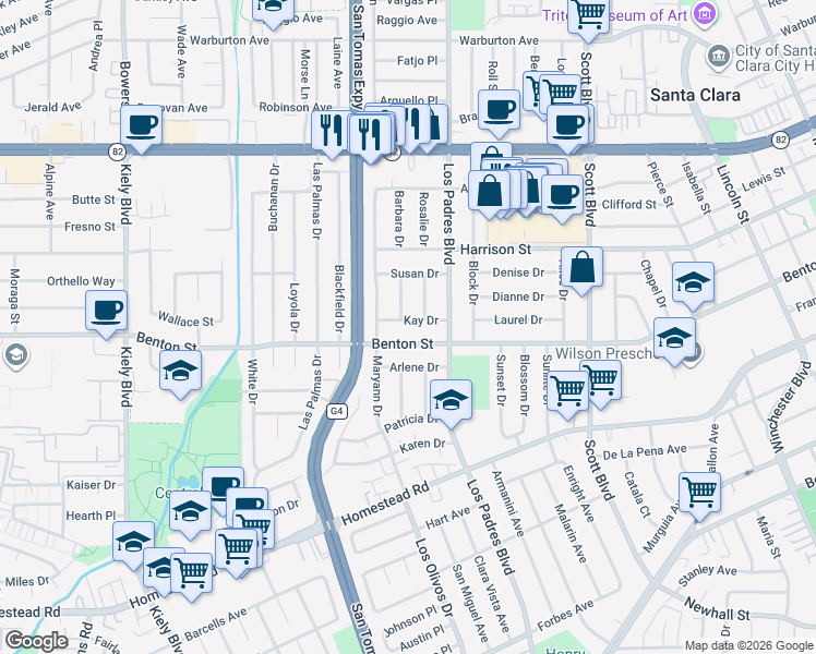 map of restaurants, bars, coffee shops, grocery stores, and more near 2356 Kay Drive in Santa Clara