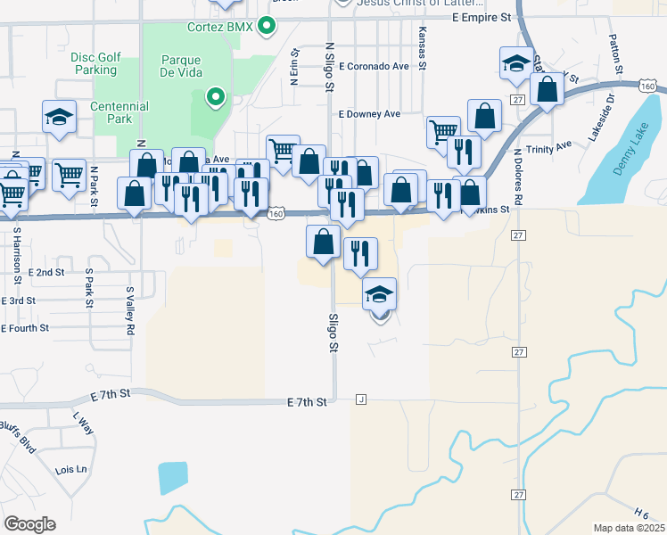 map of restaurants, bars, coffee shops, grocery stores, and more near 418 South Sligo Street in Cortez