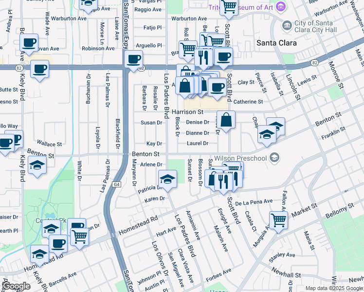map of restaurants, bars, coffee shops, grocery stores, and more near 2268 Laurel Drive in Santa Clara