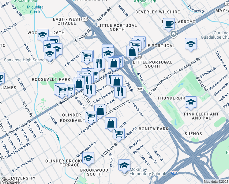 map of restaurants, bars, coffee shops, grocery stores, and more near 101 South 28th Street in San Jose