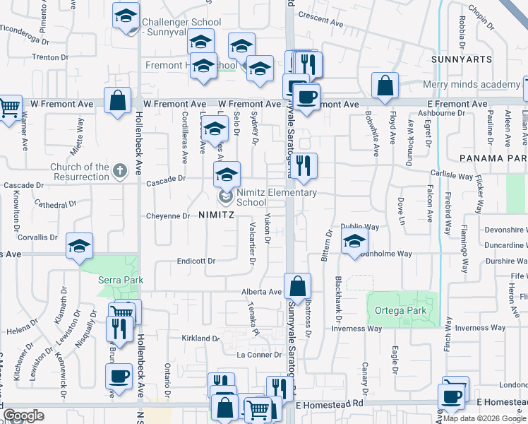 map of restaurants, bars, coffee shops, grocery stores, and more near 528 Castlerock Court in Sunnyvale