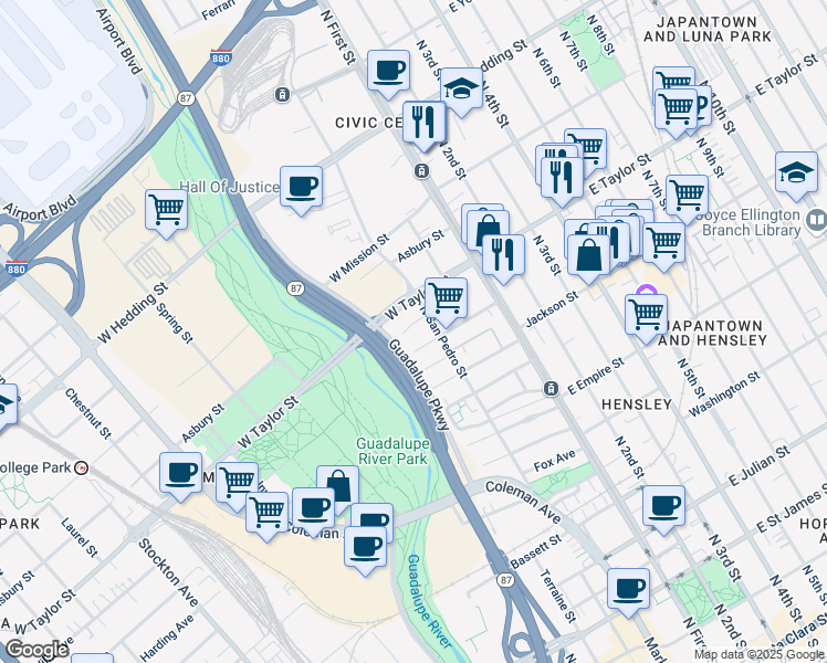 map of restaurants, bars, coffee shops, grocery stores, and more near 663 North San Pedro Street in San Jose