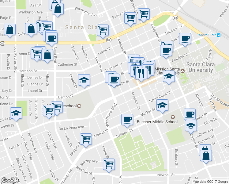 map of restaurants, bars, coffee shops, grocery stores, and more near 955 Lincoln Street in Santa Clara