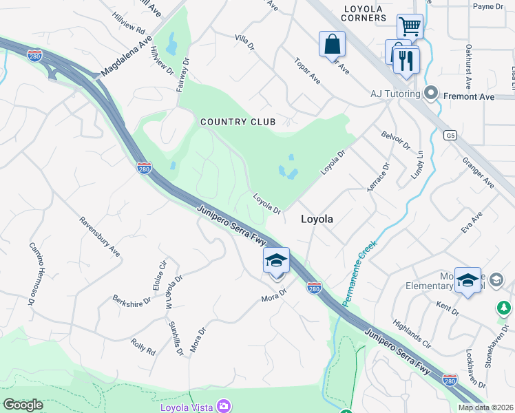 map of restaurants, bars, coffee shops, grocery stores, and more near 624 Oakridge Drive in Los Altos
