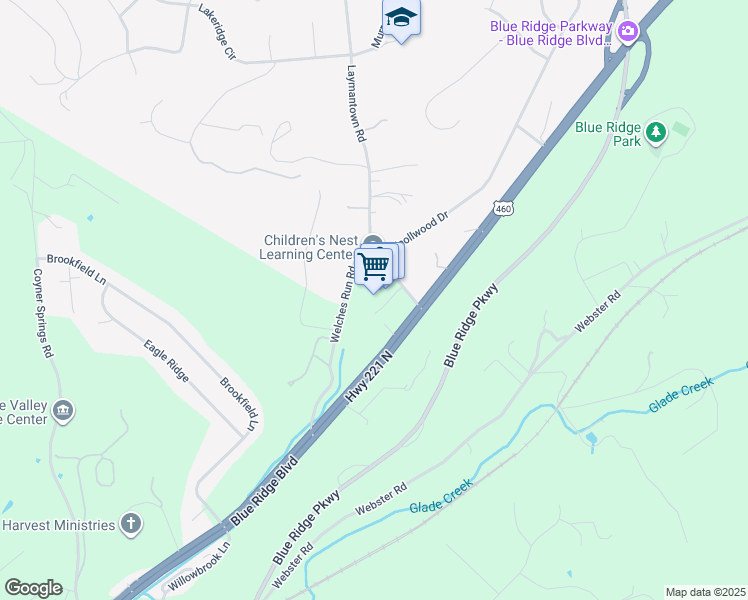 map of restaurants, bars, coffee shops, grocery stores, and more near 1641 Blue Ridge Boulevard in Troutville