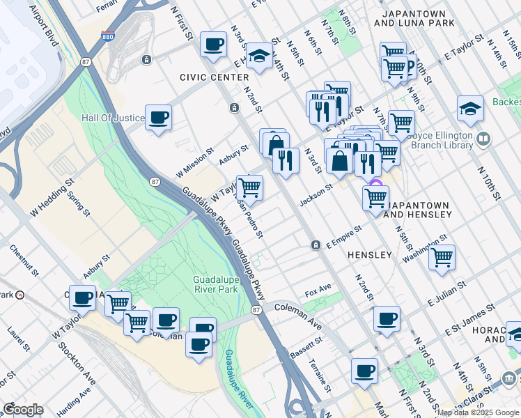map of restaurants, bars, coffee shops, grocery stores, and more near 112 George Street in San Jose