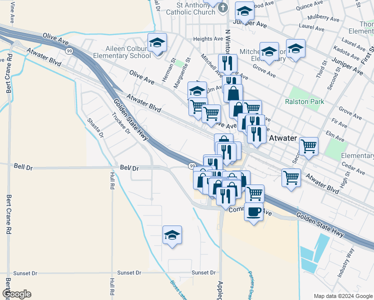 map of restaurants, bars, coffee shops, grocery stores, and more near 1883 Sycamore Avenue in Atwater