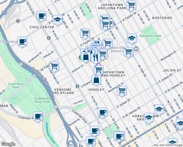 map of restaurants, bars, coffee shops, grocery stores, and more near 535 North 4th Street in San Jose