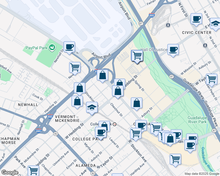 map of restaurants, bars, coffee shops, grocery stores, and more near 929 Coleman Avenue in San Jose