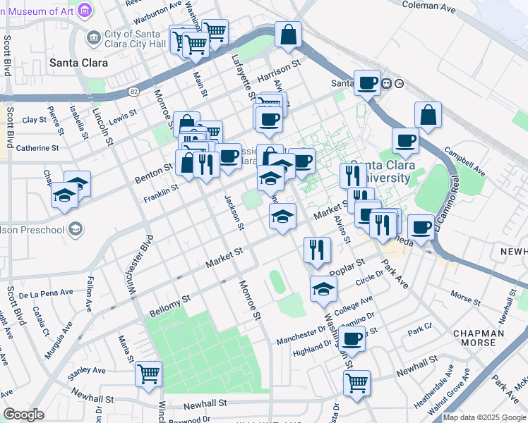map of restaurants, bars, coffee shops, grocery stores, and more near 6 Lexington Street in Santa Clara