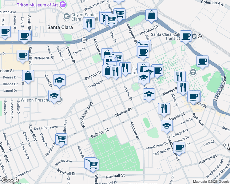 map of restaurants, bars, coffee shops, grocery stores, and more near 823 Monroe Street in Santa Clara