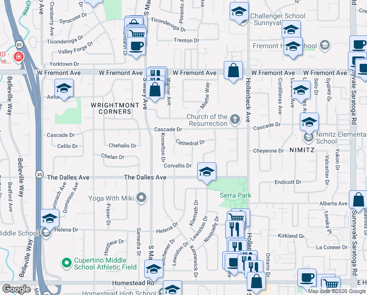 map of restaurants, bars, coffee shops, grocery stores, and more near 838 Cathedral Drive in Sunnyvale