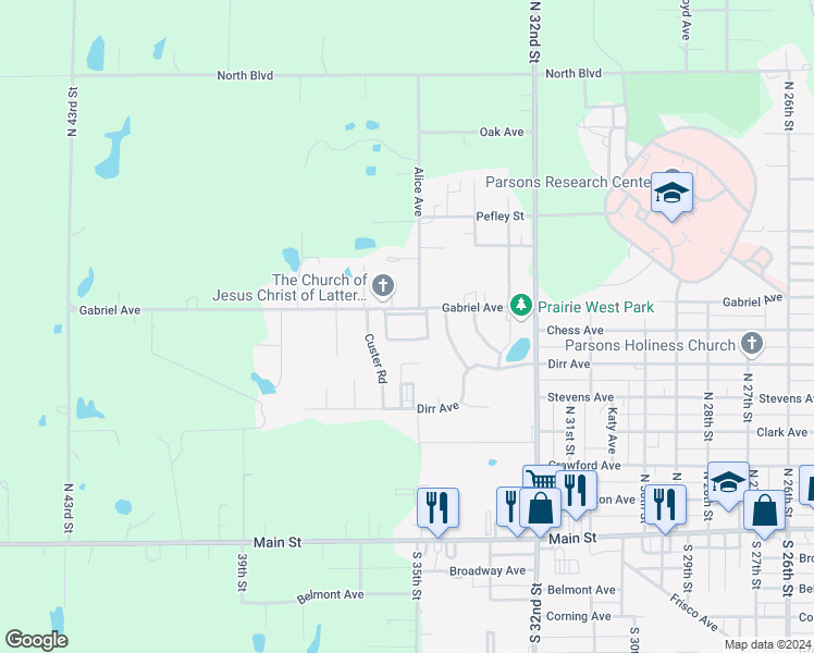 map of restaurants, bars, coffee shops, grocery stores, and more near 3437-3455 Gabriel Avenue in Parsons