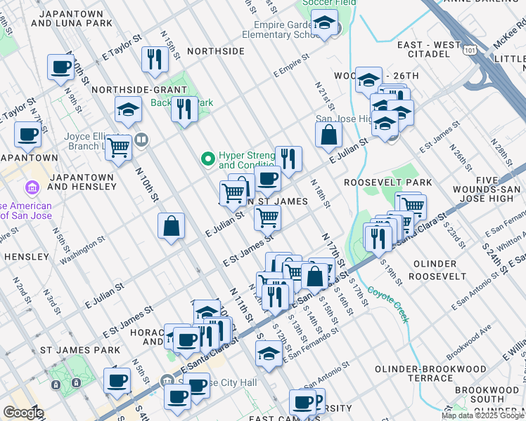 map of restaurants, bars, coffee shops, grocery stores, and more near 279 North 15th Street in San Jose