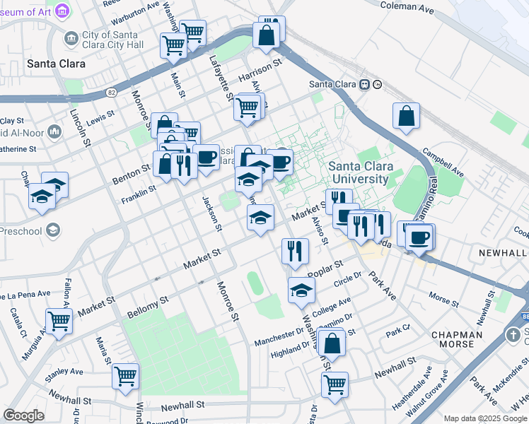map of restaurants, bars, coffee shops, grocery stores, and more near 950 Santa Clara Street in Santa Clara