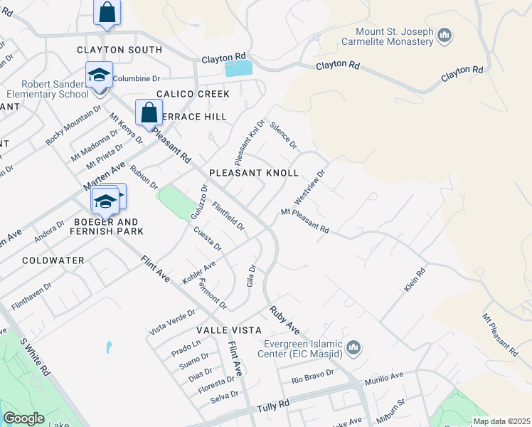 map of restaurants, bars, coffee shops, grocery stores, and more near 3512 Pleasant Crest Drive in San Jose