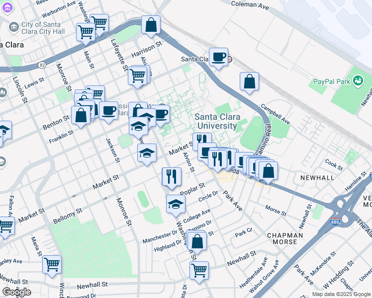 map of restaurants, bars, coffee shops, grocery stores, and more near 595 Alviso Street in Santa Clara