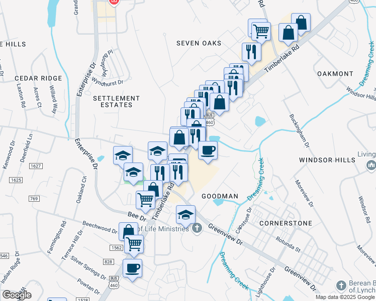 map of restaurants, bars, coffee shops, grocery stores, and more near 9201 Timberlake Road in Lynchburg