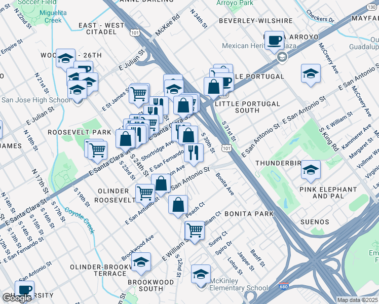 map of restaurants, bars, coffee shops, grocery stores, and more near 101 South 28th Street in San Jose