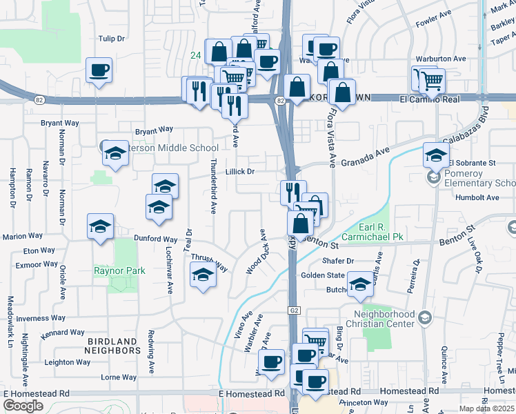 map of restaurants, bars, coffee shops, grocery stores, and more near 3701 Swallow Way in Santa Clara