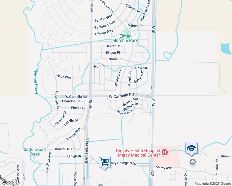 map of restaurants, bars, coffee shops, grocery stores, and more near 402 Glendon Place in Merced
