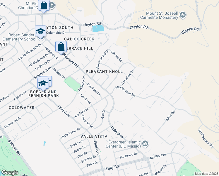 map of restaurants, bars, coffee shops, grocery stores, and more near 3512 Pleasant Crest Drive in San Jose