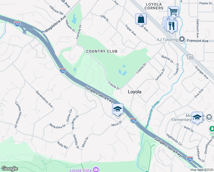 map of restaurants, bars, coffee shops, grocery stores, and more near 648 Oakridge Drive in Los Altos