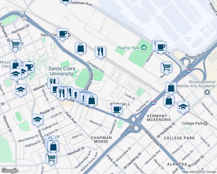 map of restaurants, bars, coffee shops, grocery stores, and more near 1185 Campbell Avenue in San Jose