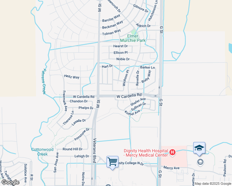 map of restaurants, bars, coffee shops, grocery stores, and more near 506 Glendon Court in Merced