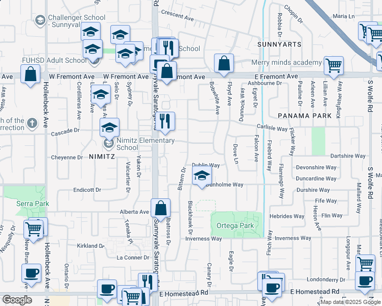 map of restaurants, bars, coffee shops, grocery stores, and more near 1450 Bittern Drive in Sunnyvale