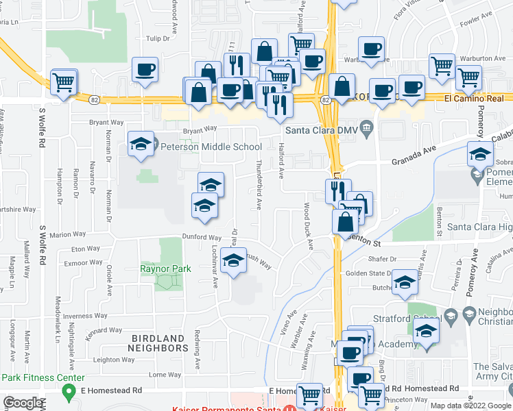 map of restaurants, bars, coffee shops, grocery stores, and more near 1151 Cotswald Court in Sunnyvale