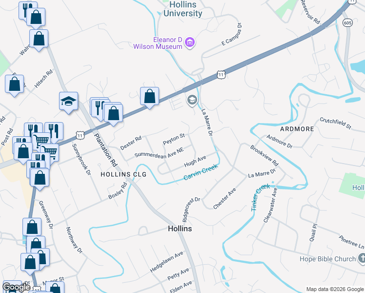 map of restaurants, bars, coffee shops, grocery stores, and more near 852 Summerdean Avenue Northeast in Hollins