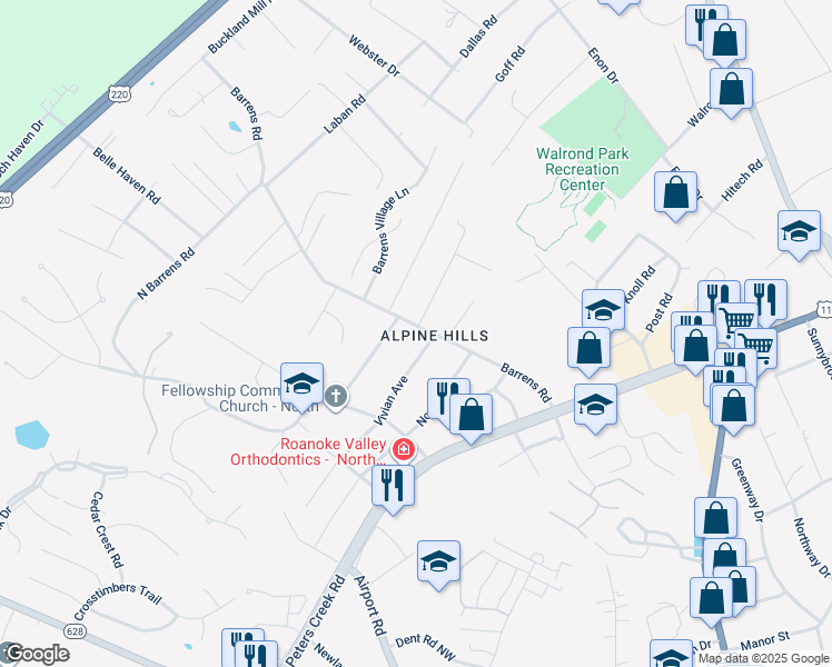 map of restaurants, bars, coffee shops, grocery stores, and more near 7612 Barrens Road in Hollins