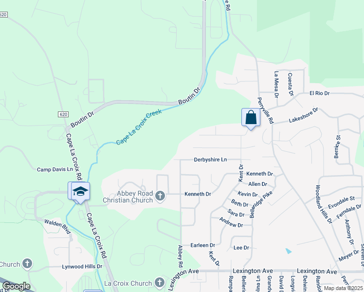 map of restaurants, bars, coffee shops, grocery stores, and more near 2316 Derbyshire Lane in Cape Girardeau
