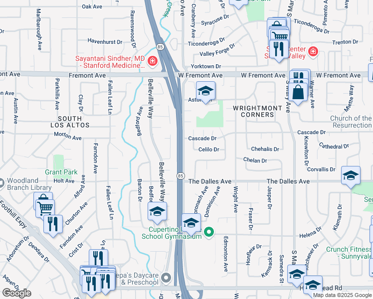 map of restaurants, bars, coffee shops, grocery stores, and more near 1418 South Bernardo Avenue in Sunnyvale