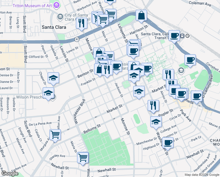 map of restaurants, bars, coffee shops, grocery stores, and more near 823 Monroe Street in Santa Clara