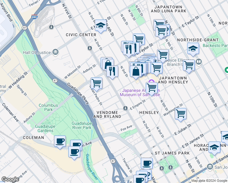 map of restaurants, bars, coffee shops, grocery stores, and more near 619 North 1st Street in San Jose