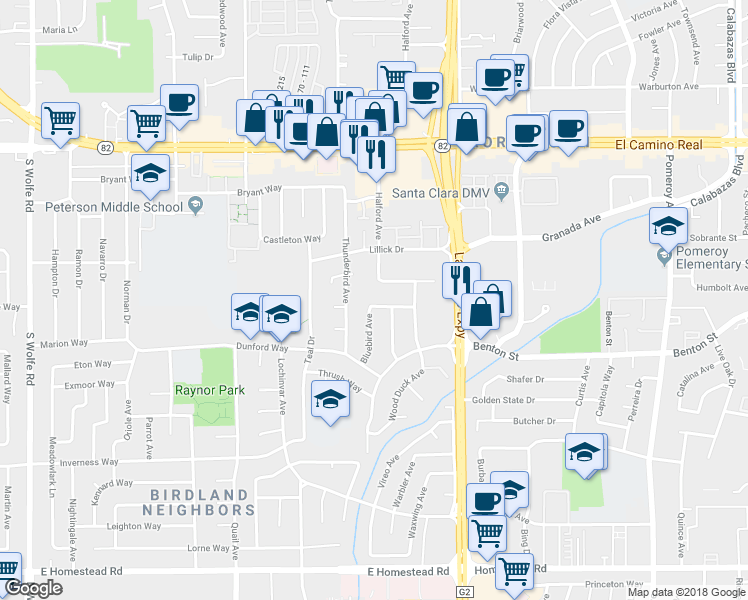 map of restaurants, bars, coffee shops, grocery stores, and more near 3779 Swallow Way in Santa Clara
