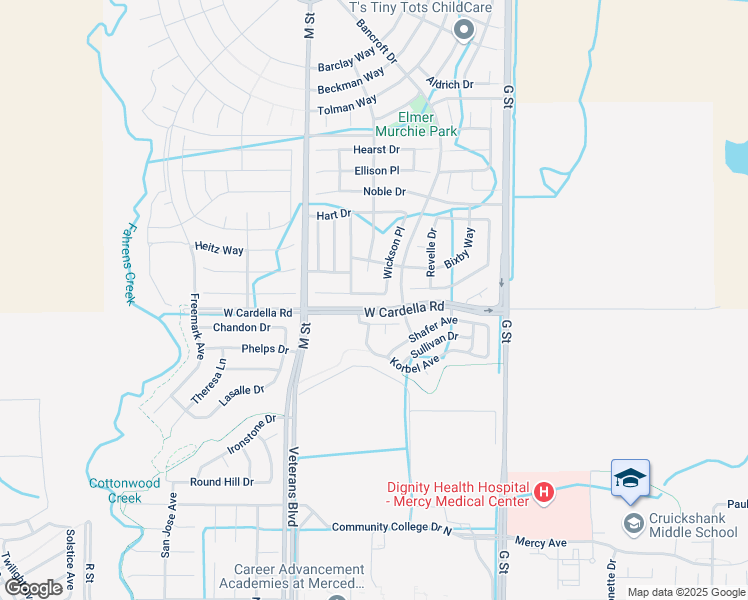 map of restaurants, bars, coffee shops, grocery stores, and more near 436 Glendon Place in Merced