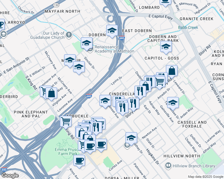 map of restaurants, bars, coffee shops, grocery stores, and more near 2071 Pacina Drive in San Jose