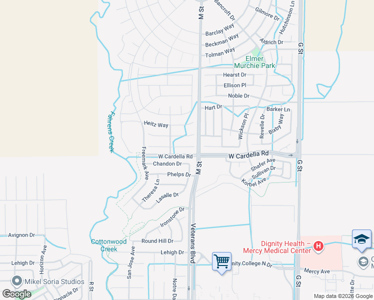 map of restaurants, bars, coffee shops, grocery stores, and more near 630 Coppola Court in Merced