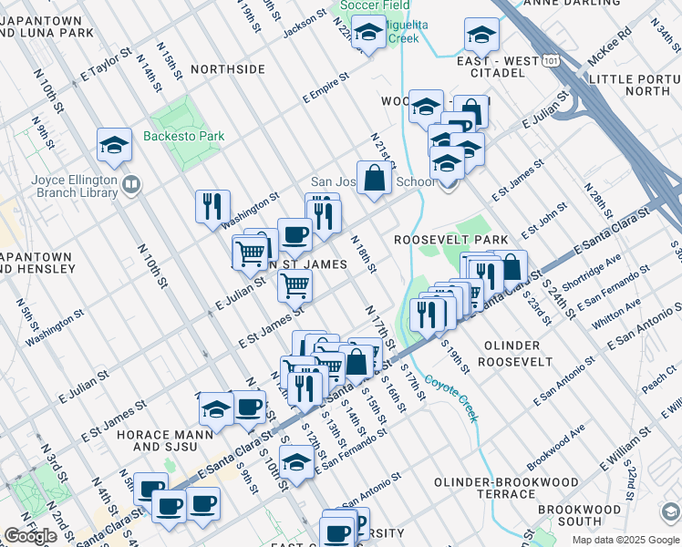 map of restaurants, bars, coffee shops, grocery stores, and more near 202 North 17th Street in San Jose