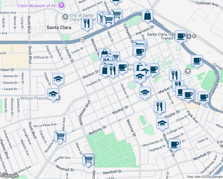 map of restaurants, bars, coffee shops, grocery stores, and more near 823 Monroe Street in Santa Clara