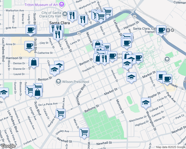 map of restaurants, bars, coffee shops, grocery stores, and more near 935 Jefferson Street in Santa Clara