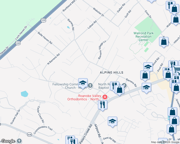 map of restaurants, bars, coffee shops, grocery stores, and more near 1323 Gates Circle in Roanoke