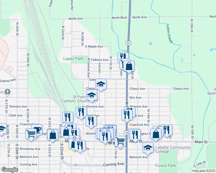 map of restaurants, bars, coffee shops, grocery stores, and more near 1701-1799 Chess Avenue in Parsons