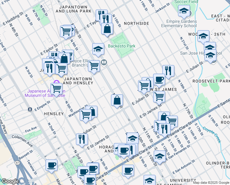 map of restaurants, bars, coffee shops, grocery stores, and more near 386 North 10th Street in San Jose