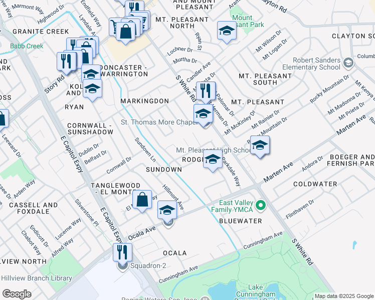 map of restaurants, bars, coffee shops, grocery stores, and more near 2935 Moss Point Drive in San Jose