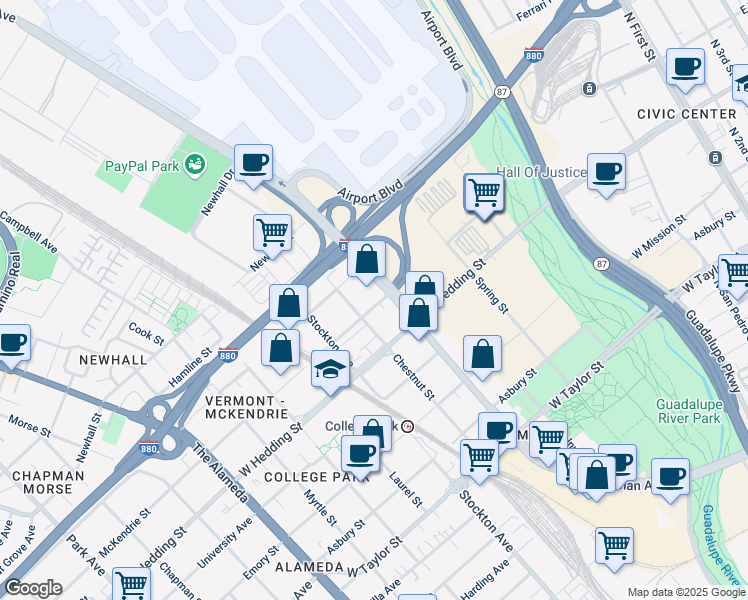 map of restaurants, bars, coffee shops, grocery stores, and more near 545 McKendrie Street in San Jose